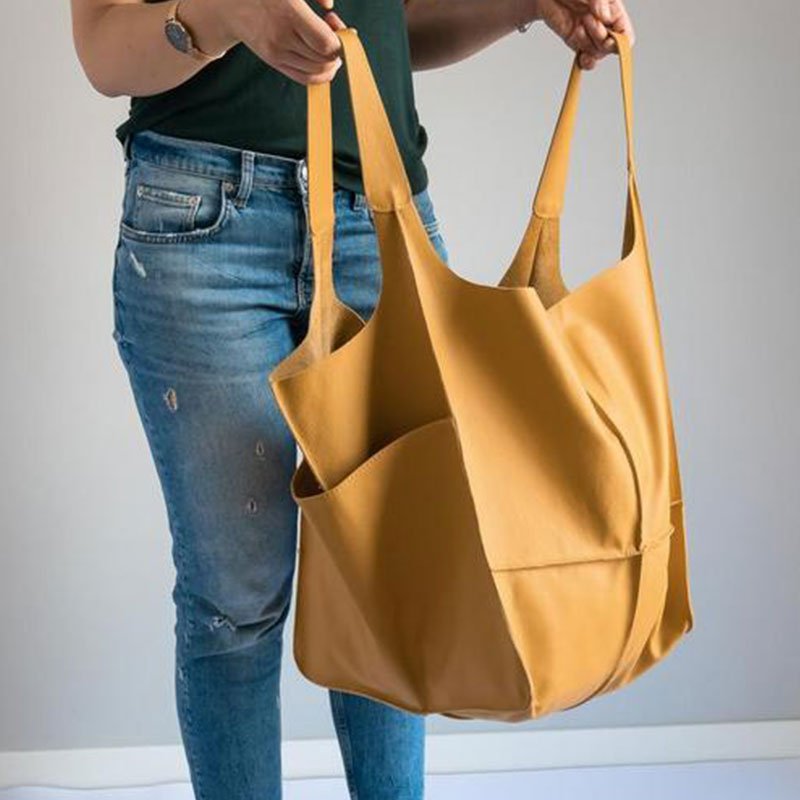 Oversized Vintage Leather-Look Tote Bags Patch Pocket Shoulder Bag - Yellow