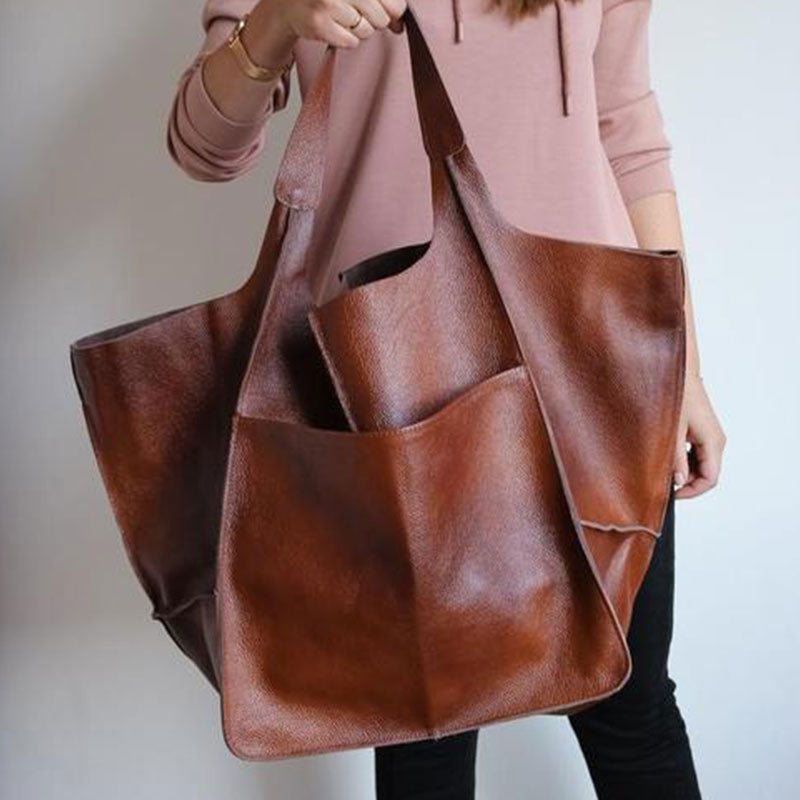 Oversized Vintage Leather-Look Tote Bags Patch Pocket Shoulder Bag - Brown