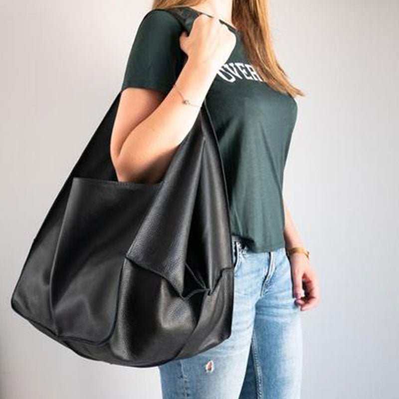 Oversized Vintage Leather-Look Tote Bags Patch Pocket Shoulder Bag