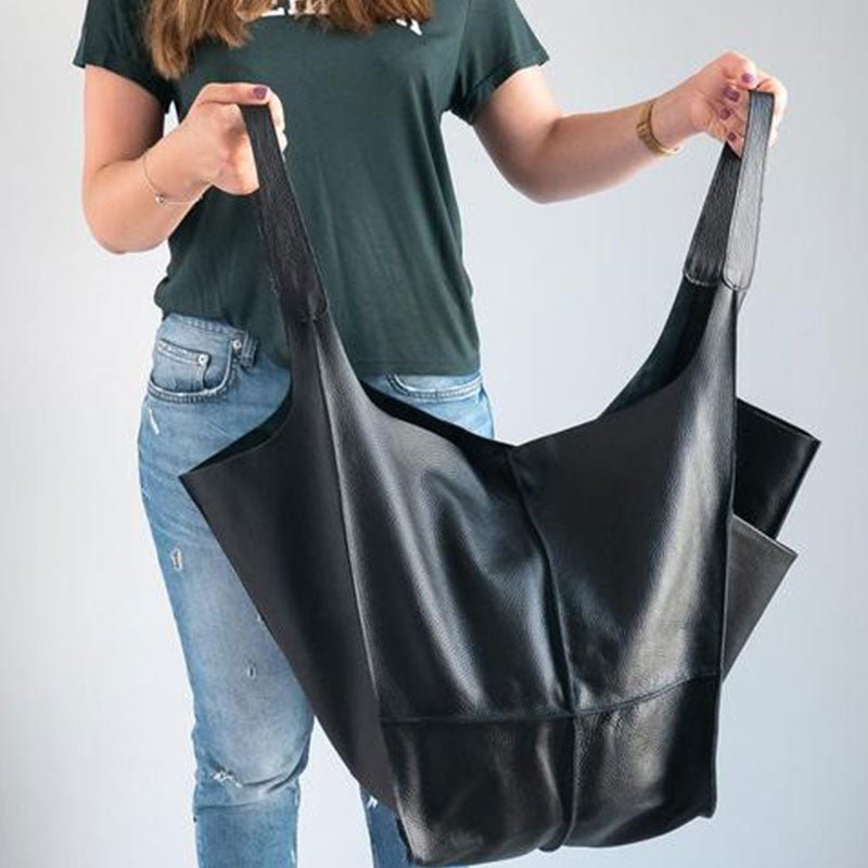 Oversized Vintage Leather-Look Tote Bags Patch Pocket Shoulder Bag - Black