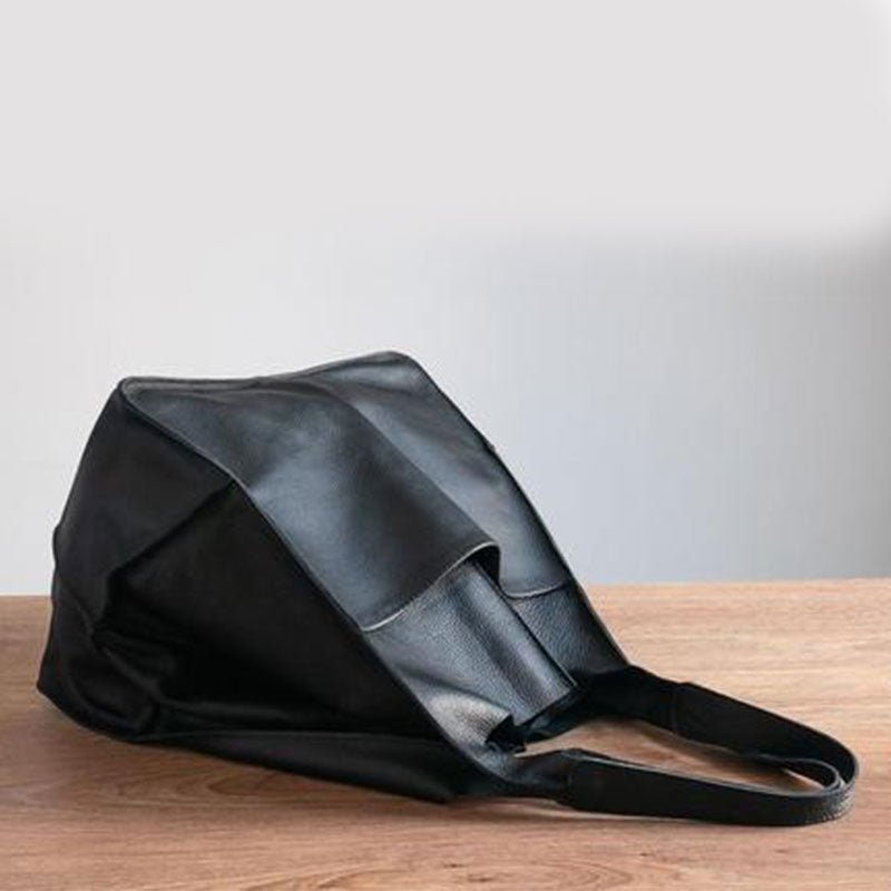 Oversized Vintage Leather-Look Tote Bags Patch Pocket Shoulder Bag