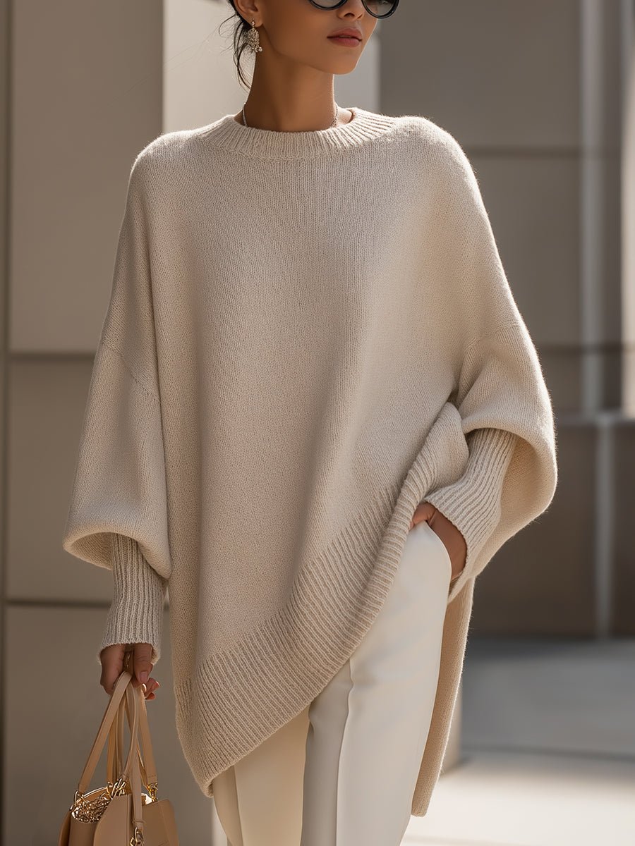 Oversized Wool Blend Sweater Asymmetrical Hem Drop Shoulder - Beige (Almost Sold Out)