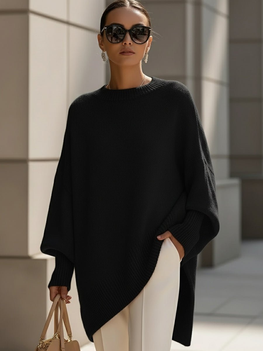Oversized Wool Blend Sweater Asymmetrical Hem Drop Shoulder - Black