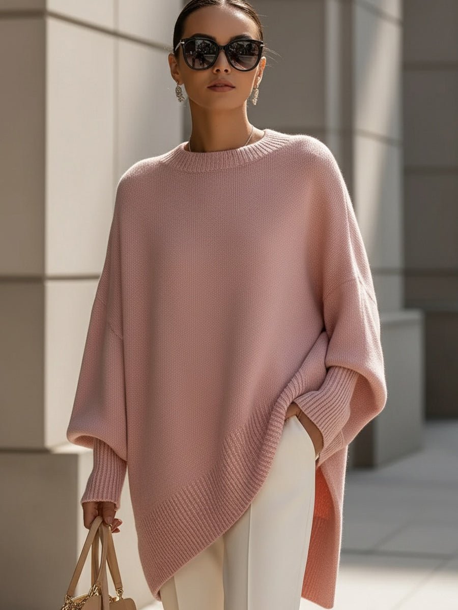Oversized Wool Blend Sweater Asymmetrical Hem Drop Shoulder - Pink