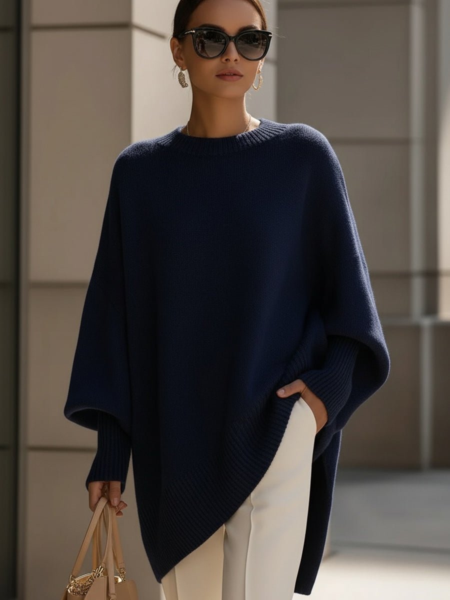 Oversized Wool Blend Sweater Asymmetrical Hem Drop Shoulder - Navy Blue