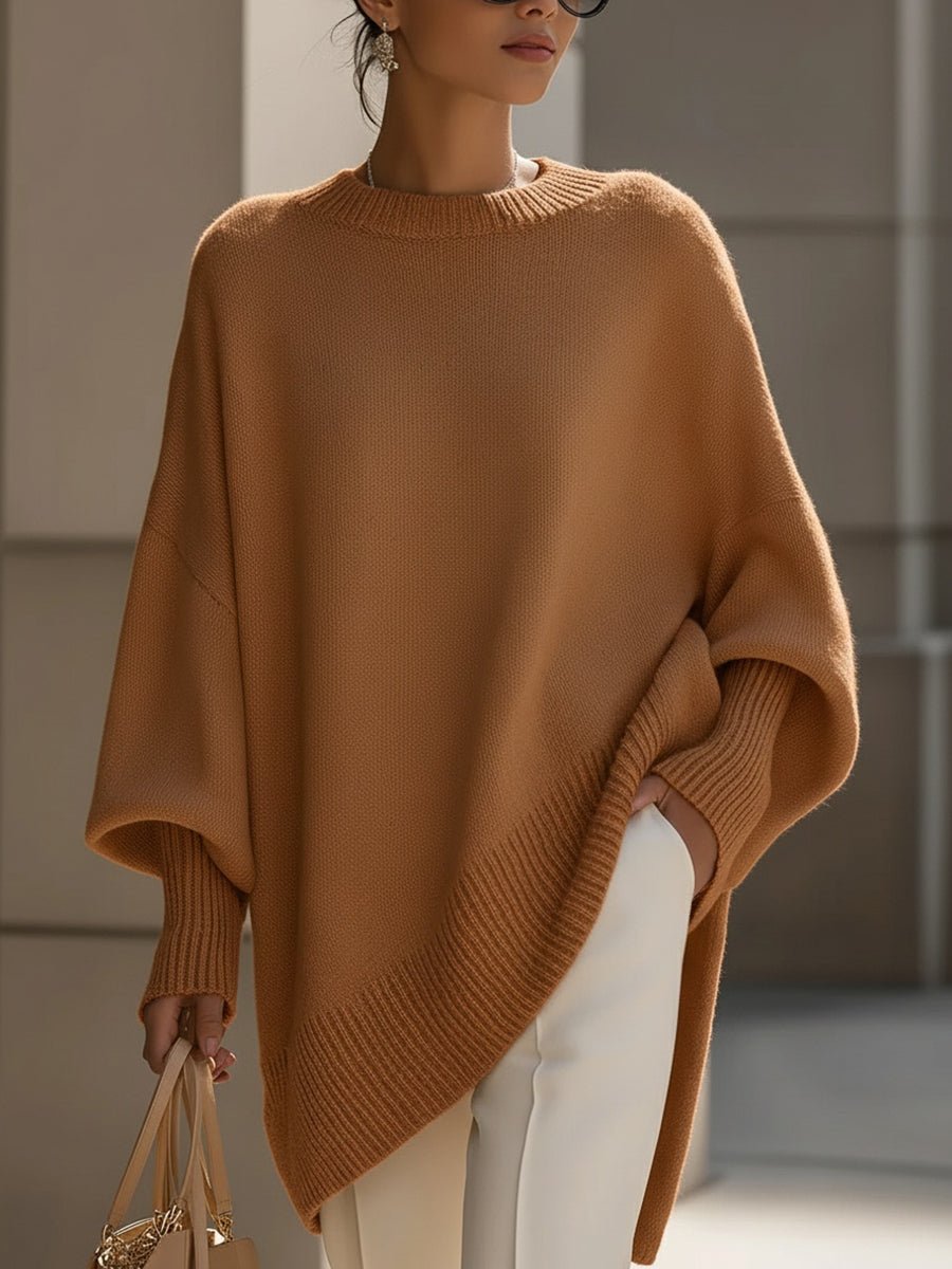 Oversized Wool Blend Sweater Asymmetrical Hem Drop Shoulder - Brown