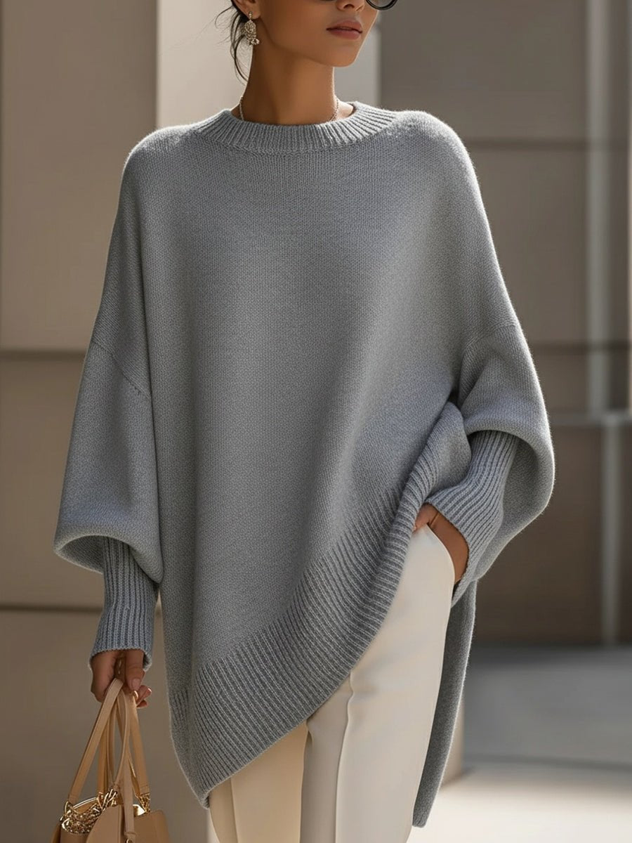 Oversized Wool Blend Sweater Asymmetrical Hem Drop Shoulder - Gray