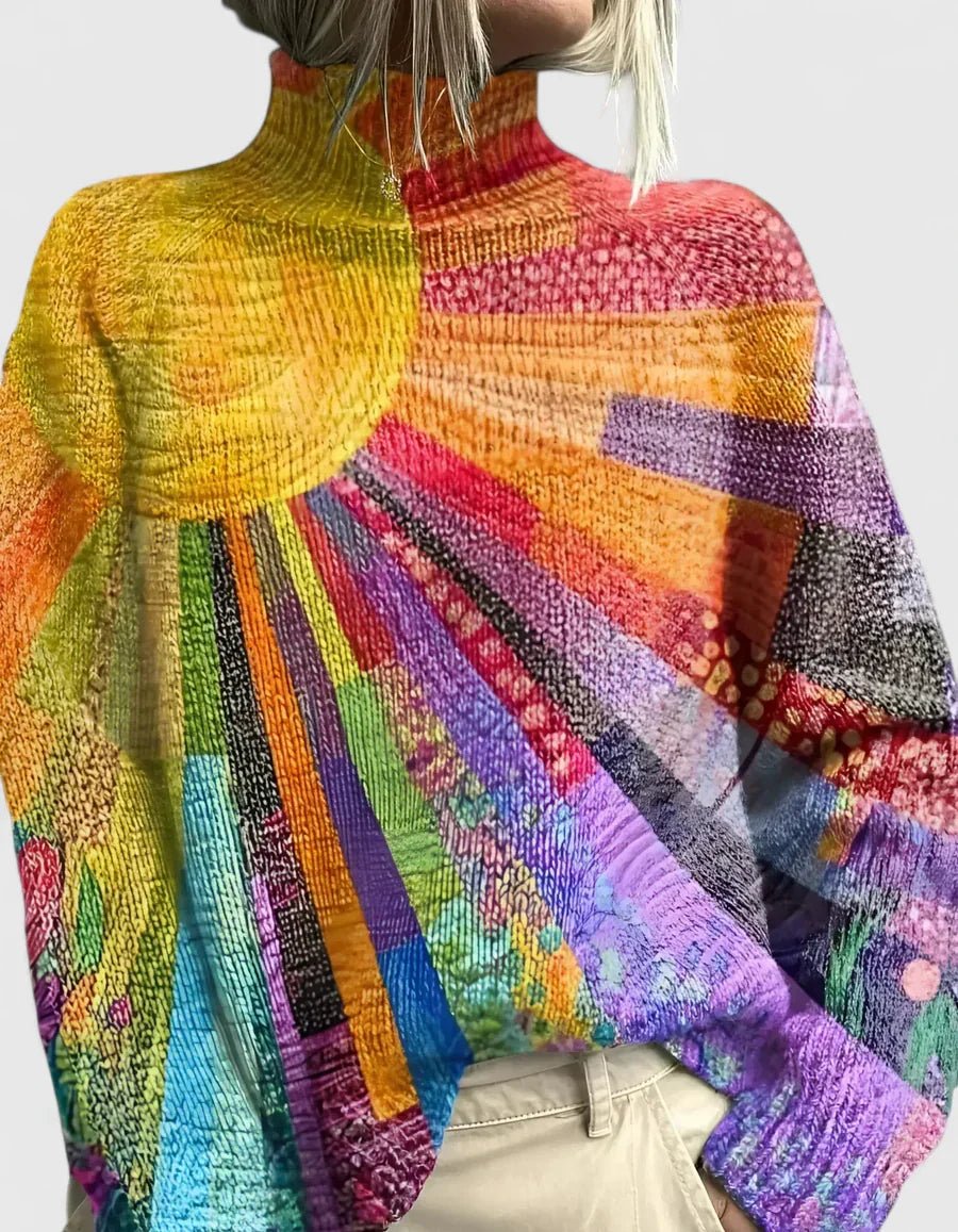 Rainbow Knit Turtleneck Sweater Long Sleeve Oversized - Multicolored