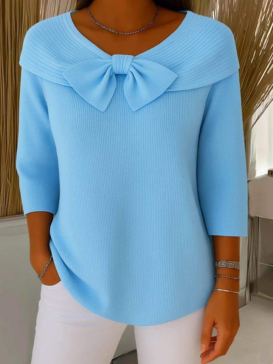 Ribbed Sweater Bow Detail V-Neck 3/4 Sleeve Knit Top - Blue