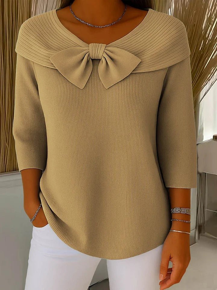 Ribbed Sweater Bow Detail V-Neck 3/4 Sleeve Knit Top - Khaki