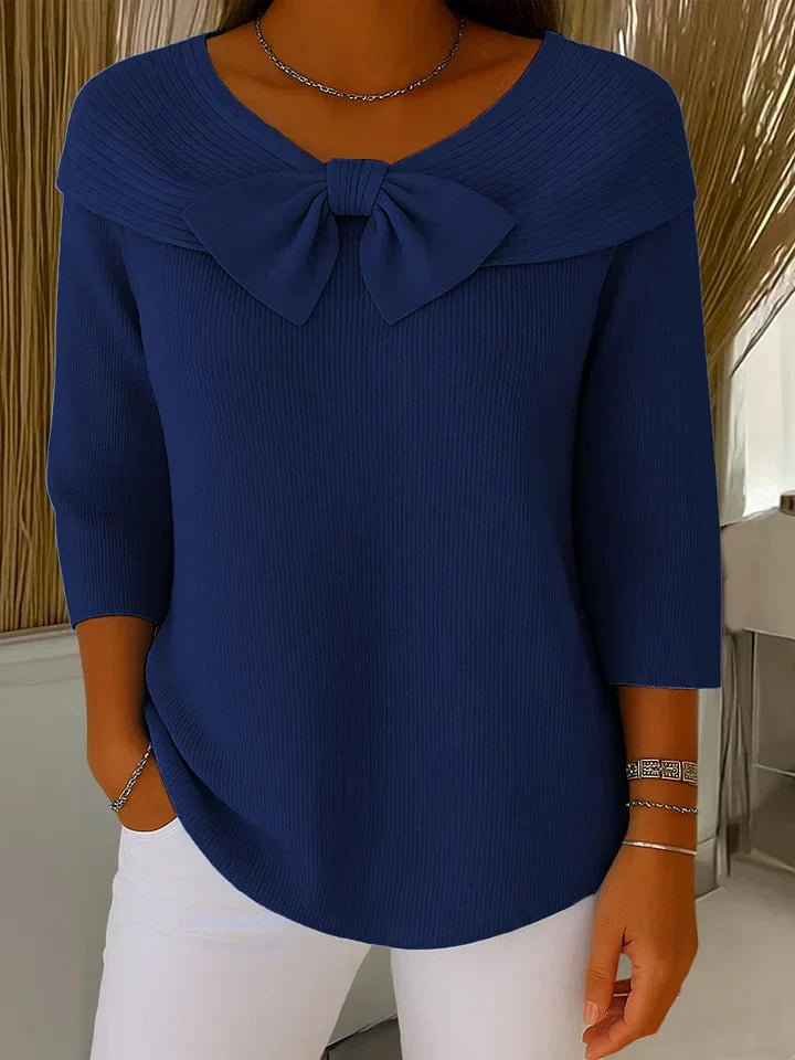 Ribbed Sweater Bow Detail V-Neck 3/4 Sleeve Knit Top - Dark Blue