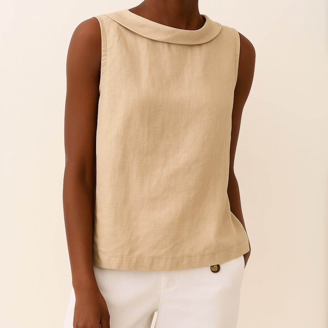 Sleeveless Roll Collar Top Feminine Cut Relaxed Fit - Beige