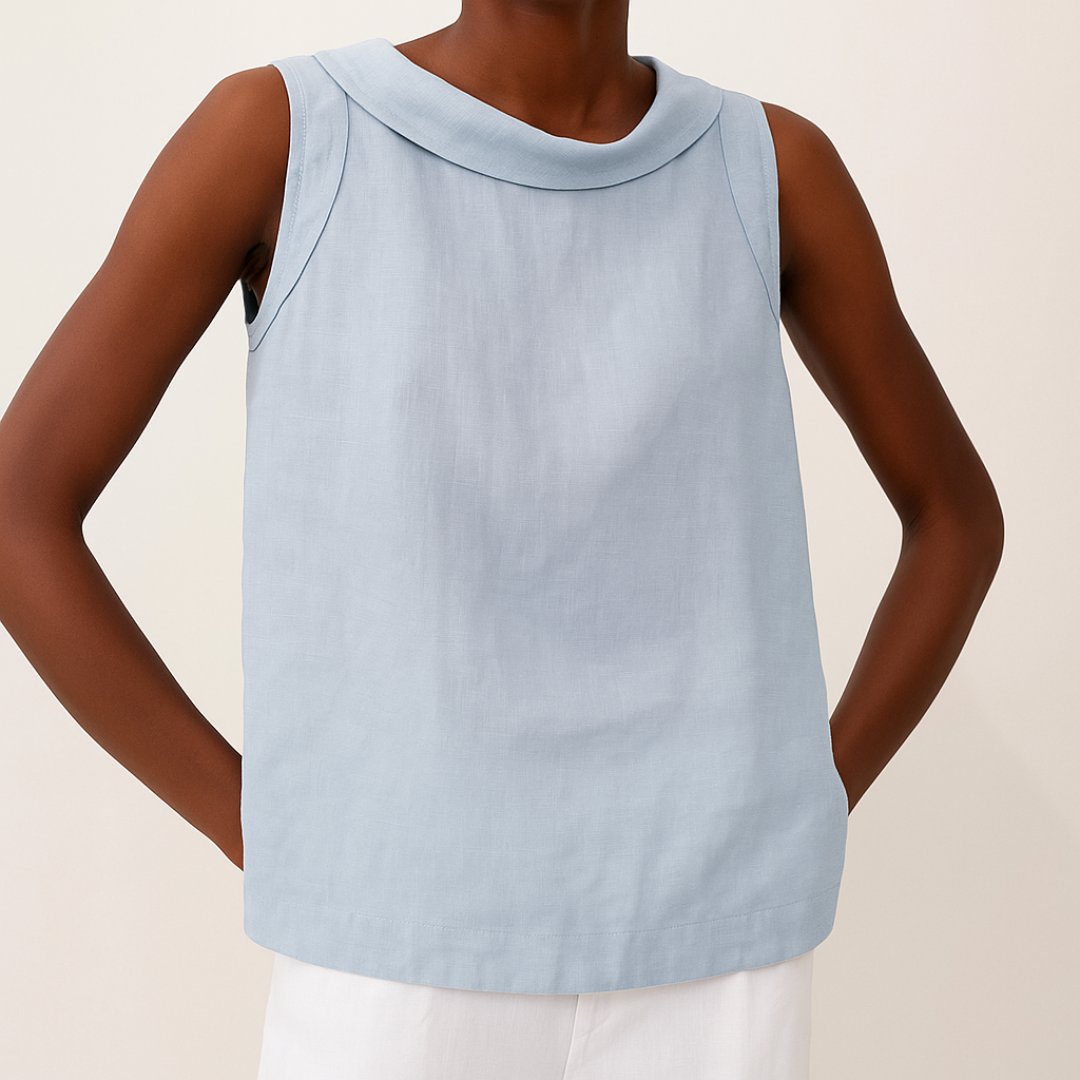 Sleeveless Roll Collar Top Feminine Cut Relaxed Fit - Blue