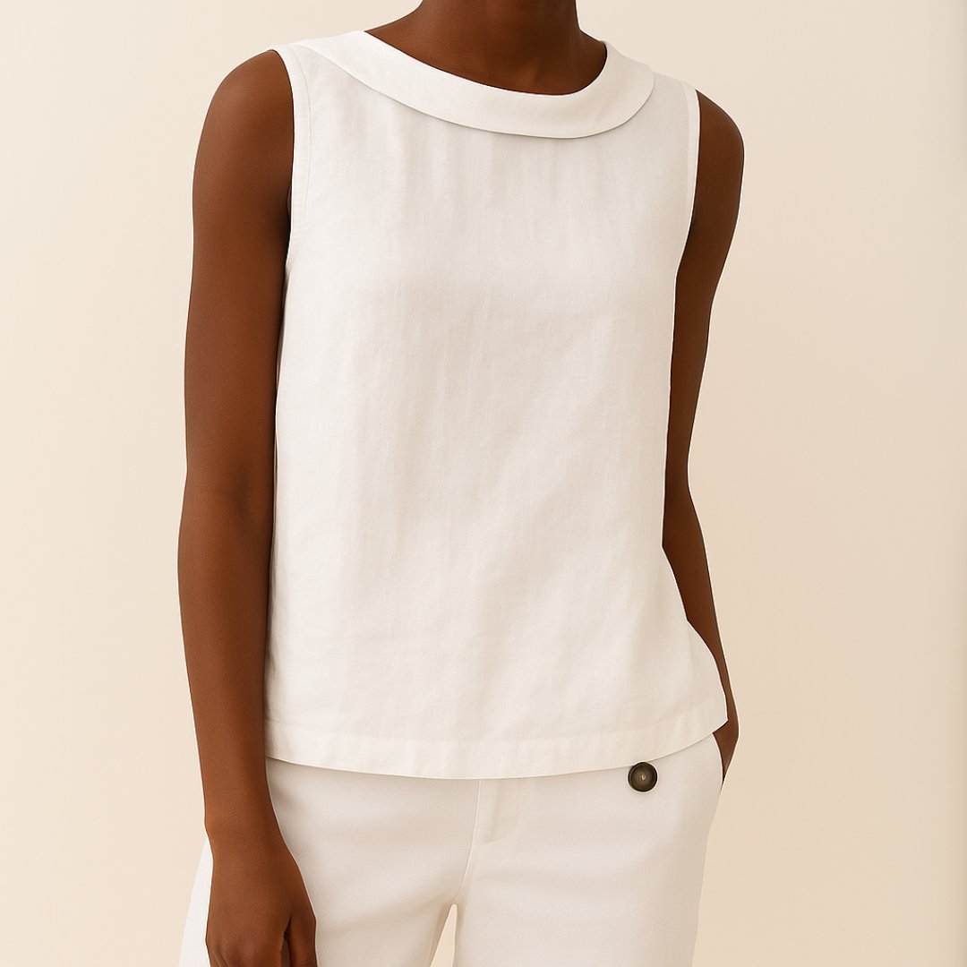 Sleeveless Roll Collar Top Feminine Cut Relaxed Fit - White