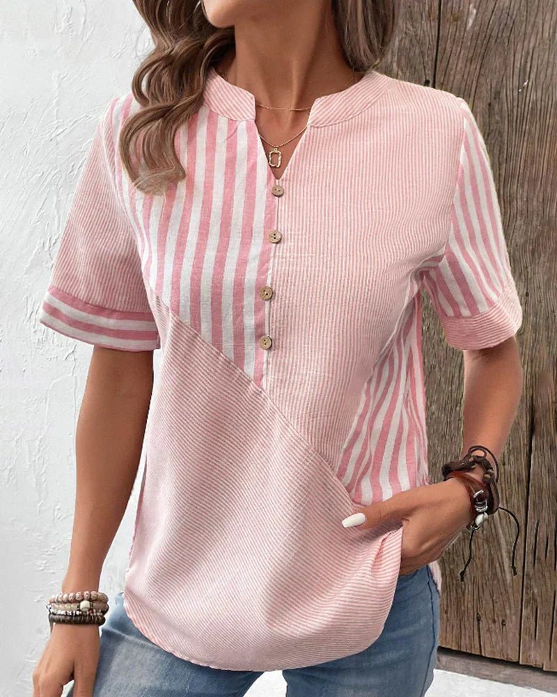 Striped Button-Up Blouse Cotton Short Sleeve Casual - Pink