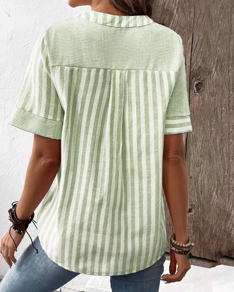 Striped Button-Up Blouse Cotton Short Sleeve Casual