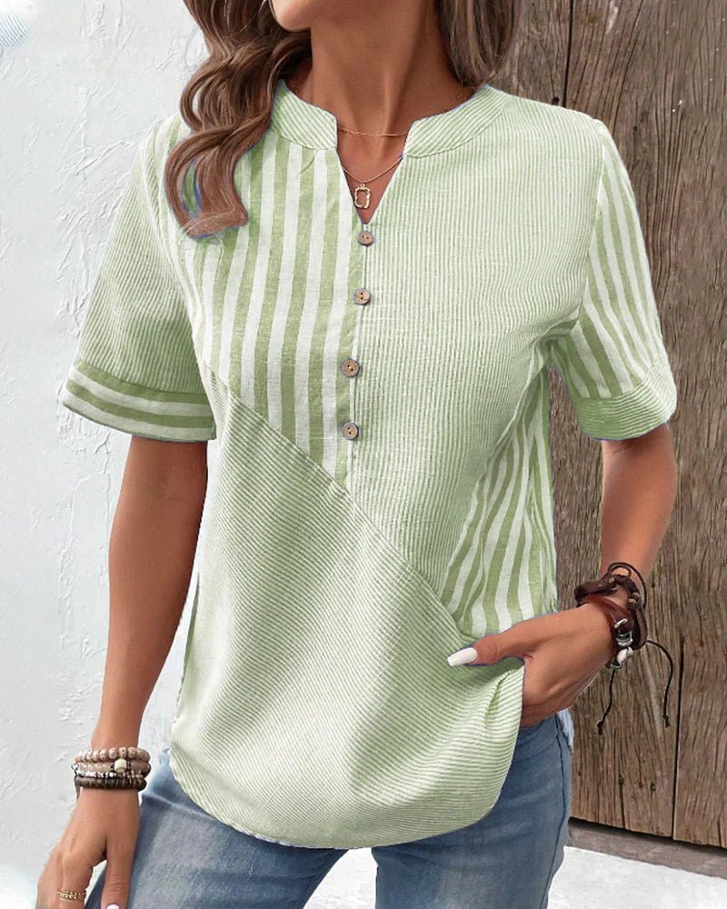 Striped Button-Up Blouse Cotton Short Sleeve Casual - Green