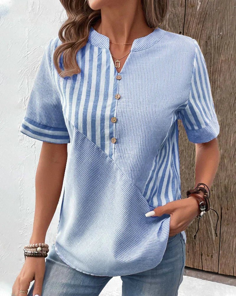 Striped Button-Up Blouse Cotton Short Sleeve Casual - Blue