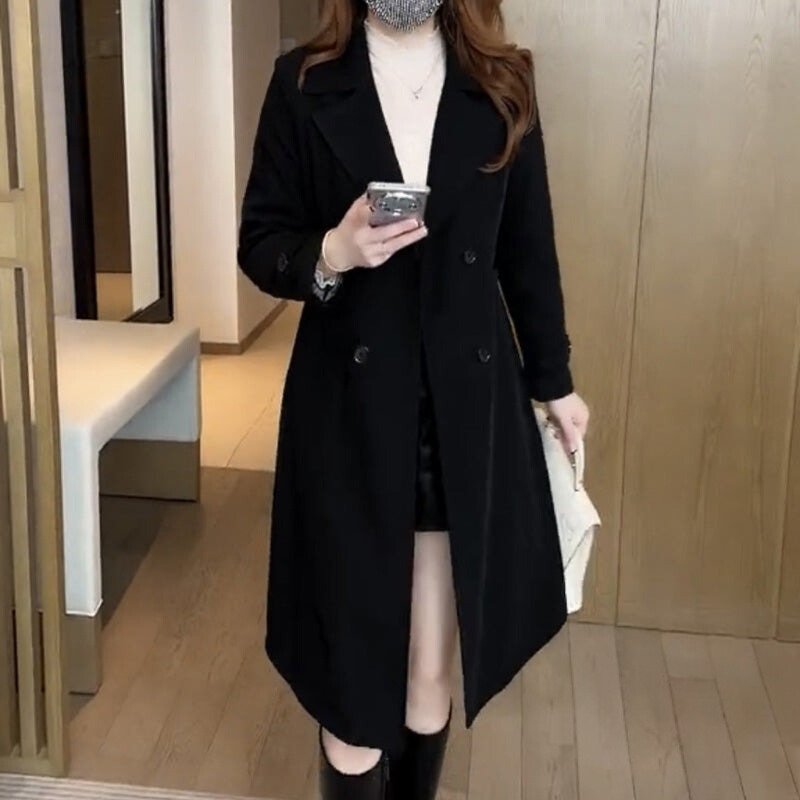 Trench Coat Double Breasted Belted Long Sophisticated - Black