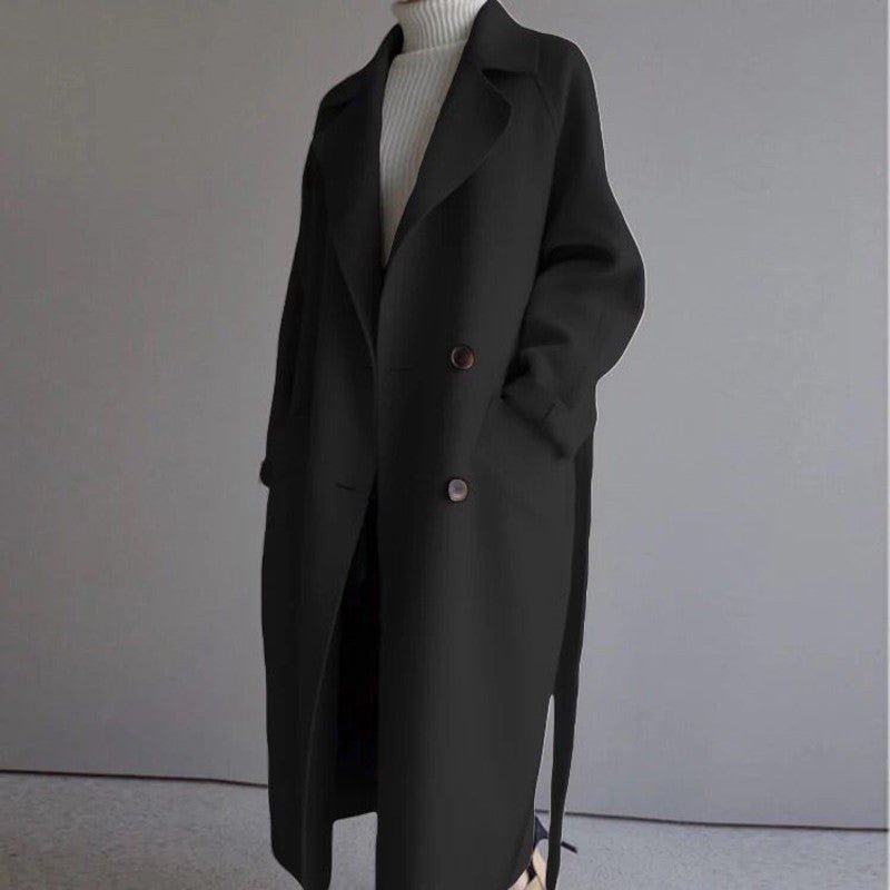 Trench Coat Double-Breasted Tailored Winter Long - Black