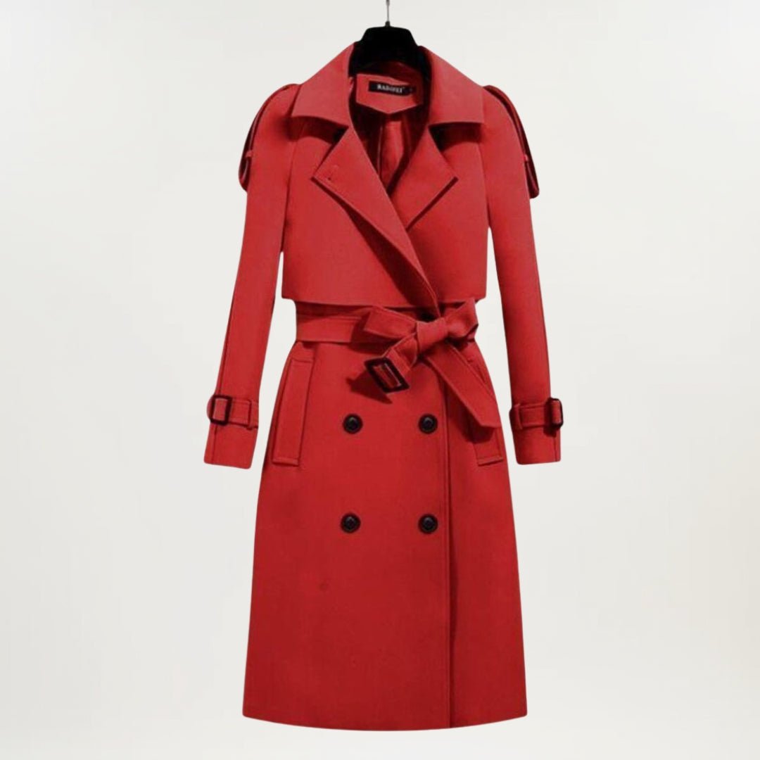 Trench Coat Women's Longline Double Breasted Belted - Red