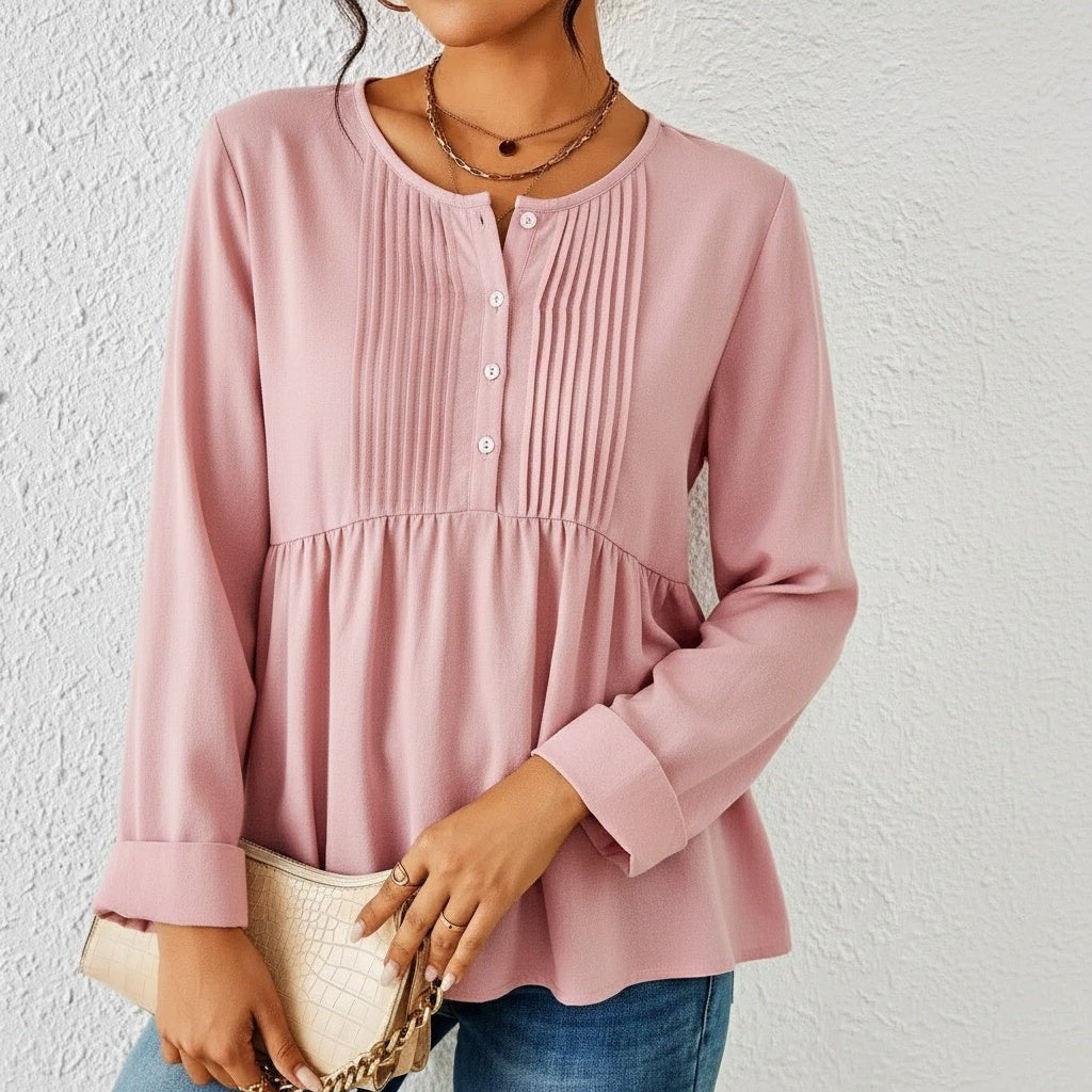 Tunic Blouse Long Sleeve Pleated Front Tummy Covering