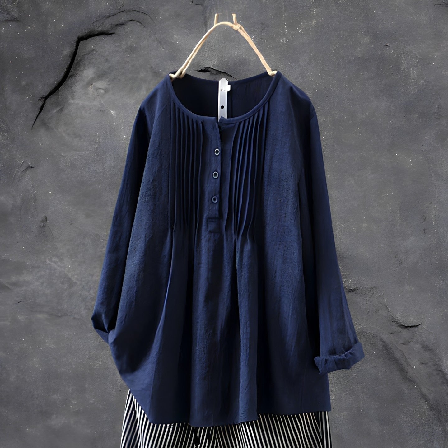 Tunic Blouse Long Sleeve Pleated Front Tummy Covering - Navy (Almost sold out)
