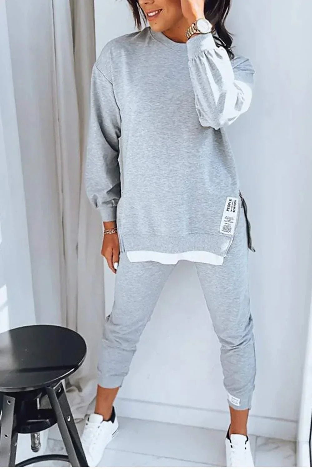 Two Piece Lounge Set Oversized Top Tapered Joggers - Grey