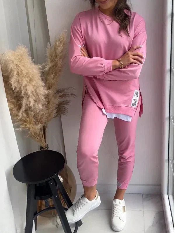 Two Piece Lounge Set Oversized Top Tapered Joggers - Pink