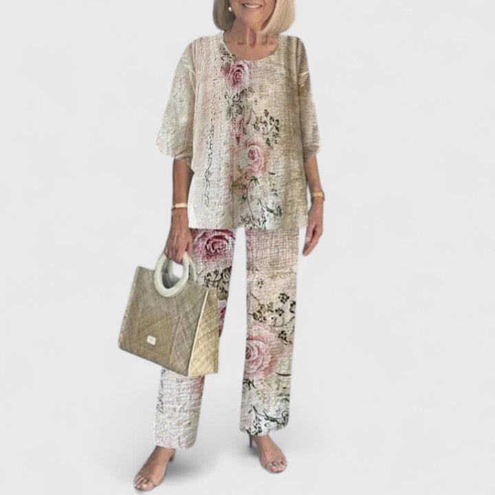 Two-Piece Set Flowy Top Floral Pants Relaxed Fit - 14