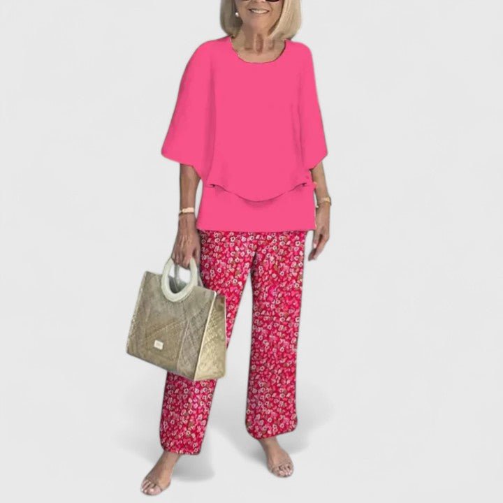 Two-Piece Set Flowy Top Floral Pants Relaxed Fit - 12