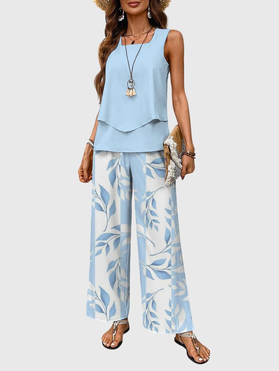 Two Piece Summer Set Sleeveless Top Wide Leg Pants - Blue