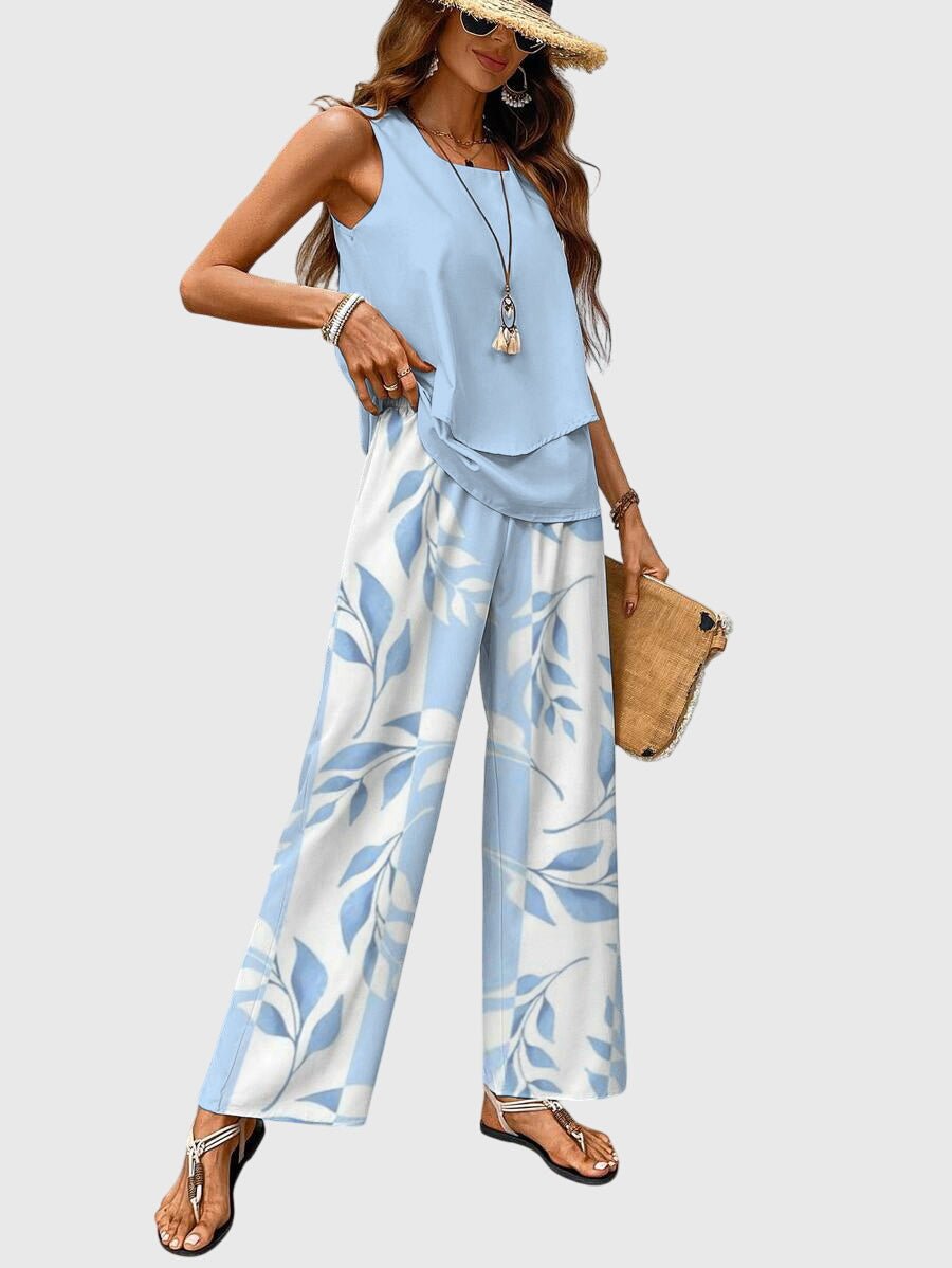 Two Piece Summer Set Sleeveless Top Wide Leg Pants