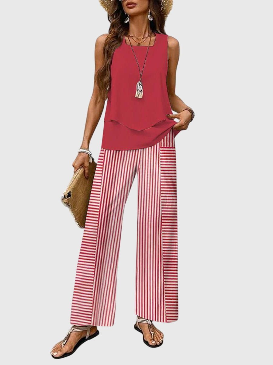 Two Piece Summer Set Sleeveless Top Wide Leg Pants - Red