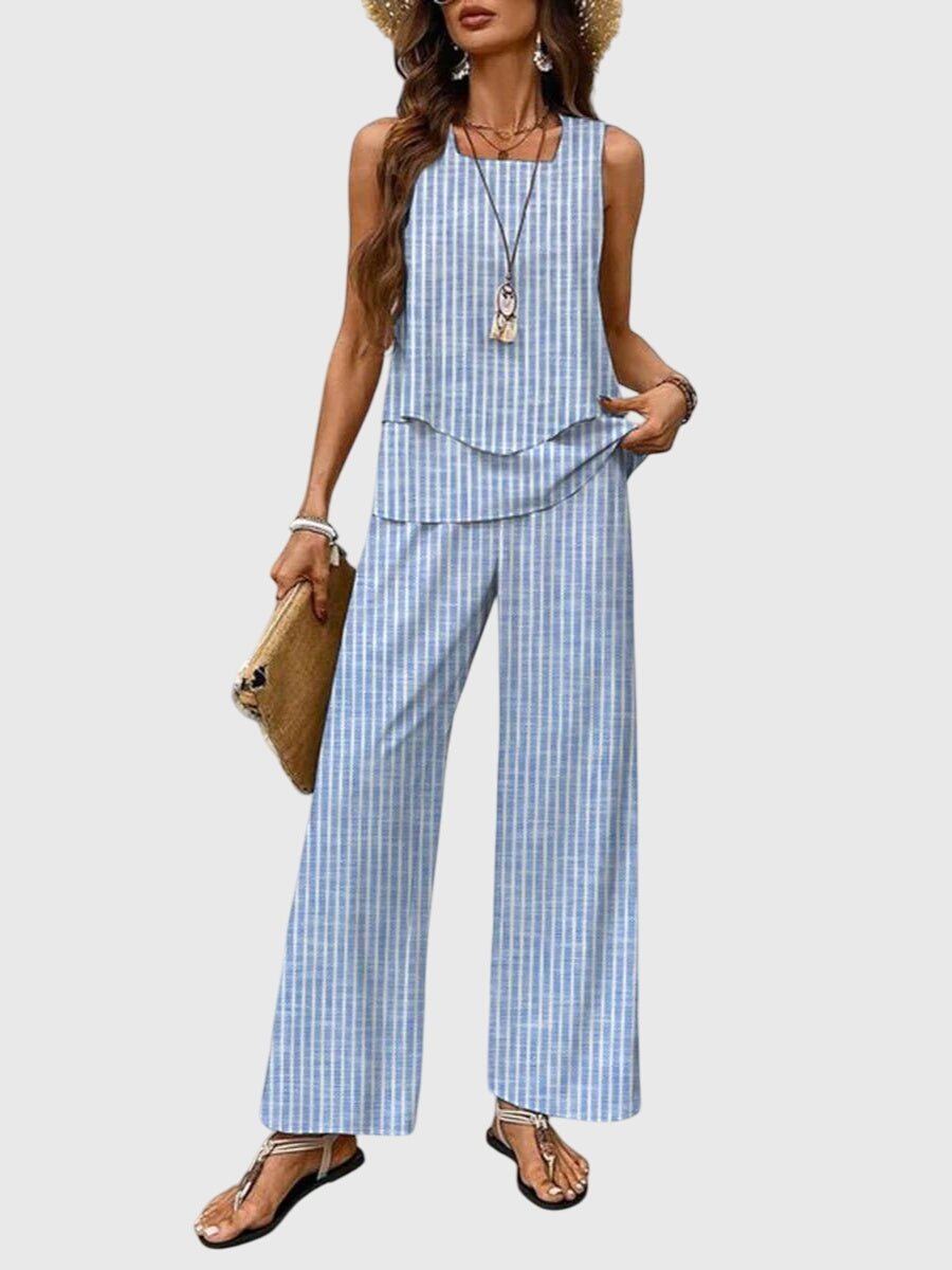 Two Piece Summer Set Sleeveless Top Wide Leg Pants - Blue Stripes