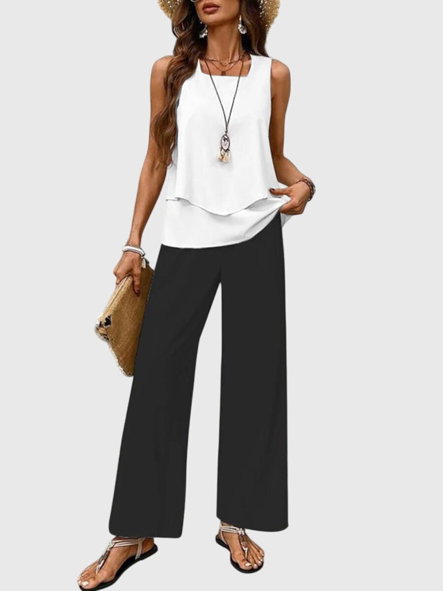 Two Piece Summer Set Sleeveless Top Wide Leg Pants - Black