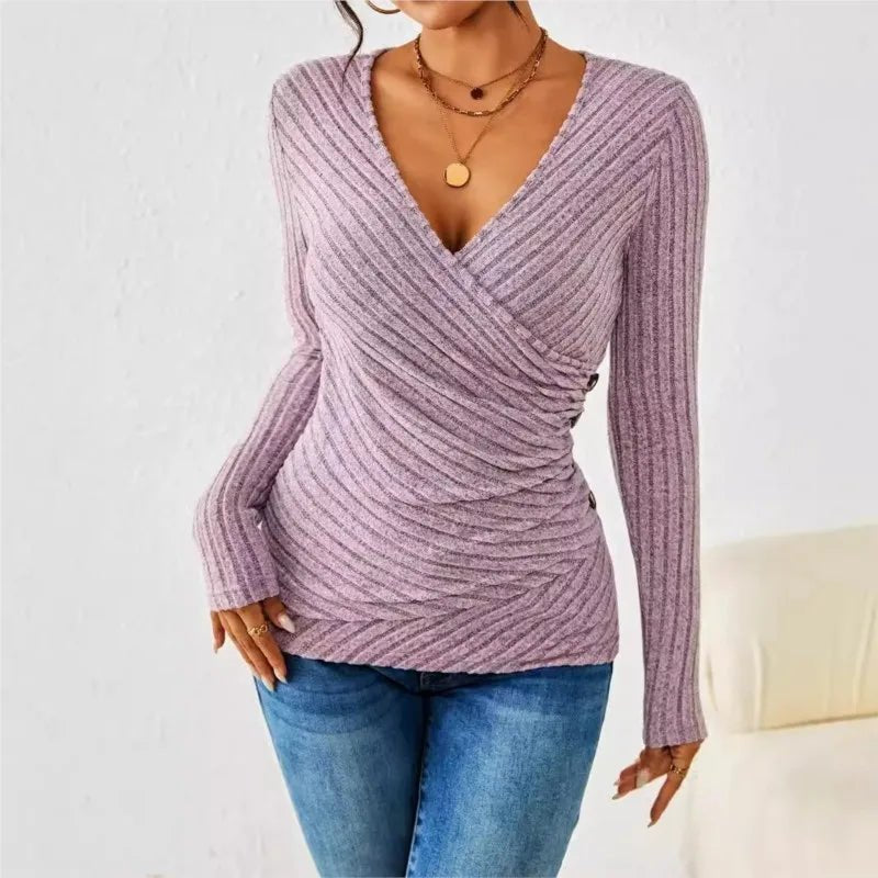 V-Neck Ribbed Top Long Sleeve Tummy Tucking Wrap