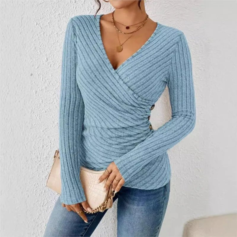 V-Neck Wrap Top Long Sleeve Tummy Tucking Ribbed