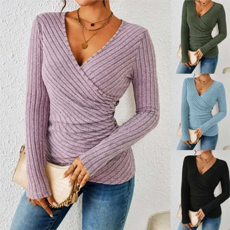 V-Neck Wrap Top Long Sleeve Tummy Tucking Ribbed