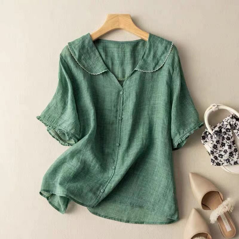 Vintage Blouse Scalloped Collar Button-Up Linen Style - Green