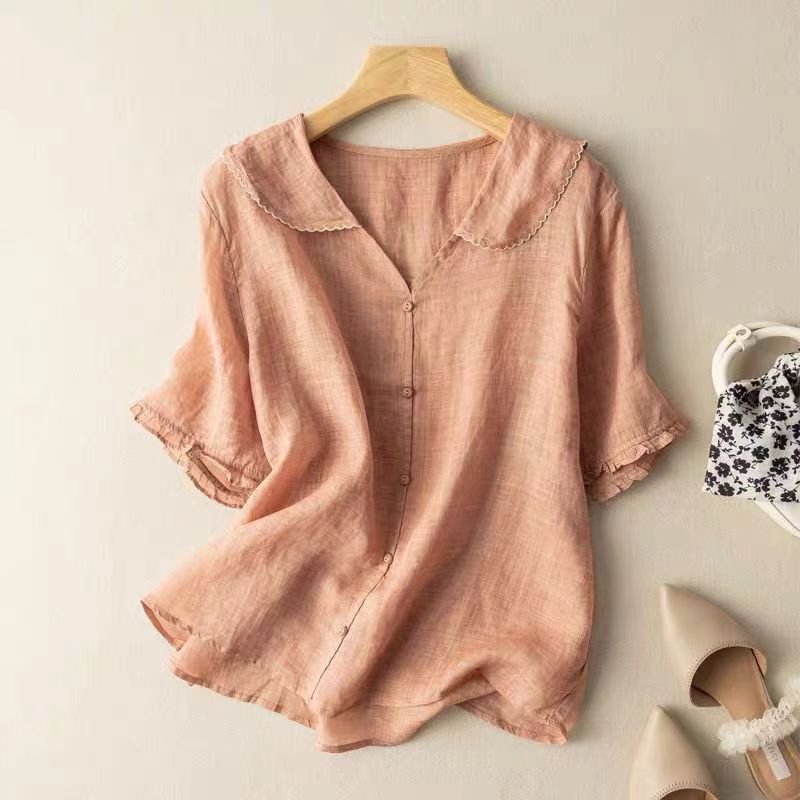 Vintage Blouse Scalloped Collar Button-Up Linen Style - Peach