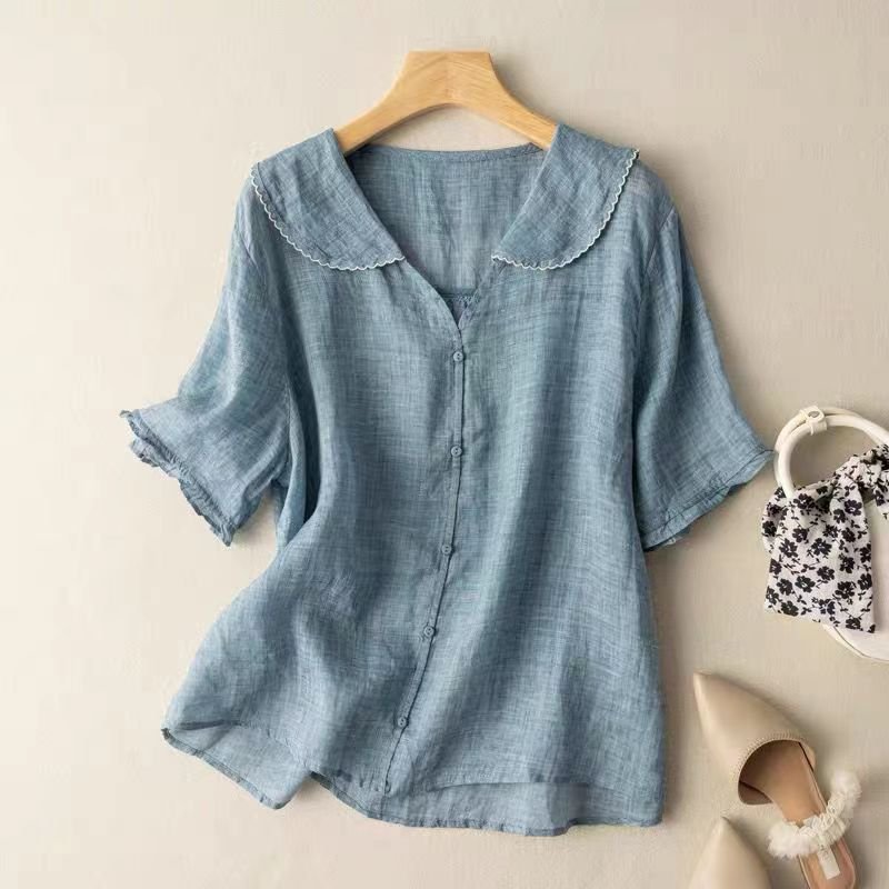 Vintage Blouse Scalloped Collar Button-Up Linen Style - Blue
