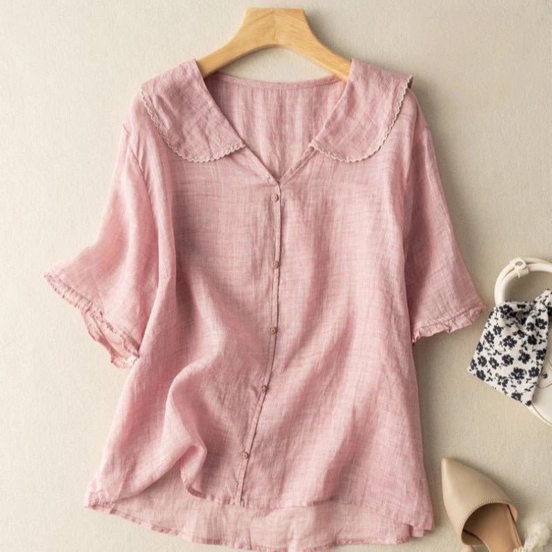 Vintage Blouse Scalloped Collar Button-Up Linen Style - Pink