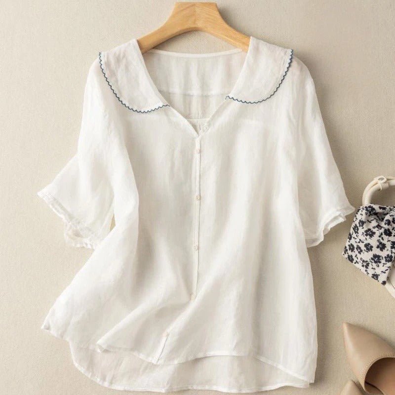 Vintage Blouse Scalloped Collar Button-Up Linen Style - White