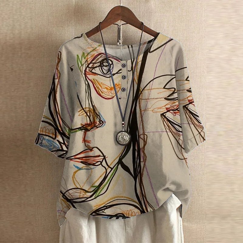 Vintage Floral Blouse Relaxed Fit Short Sleeve Top - Beige