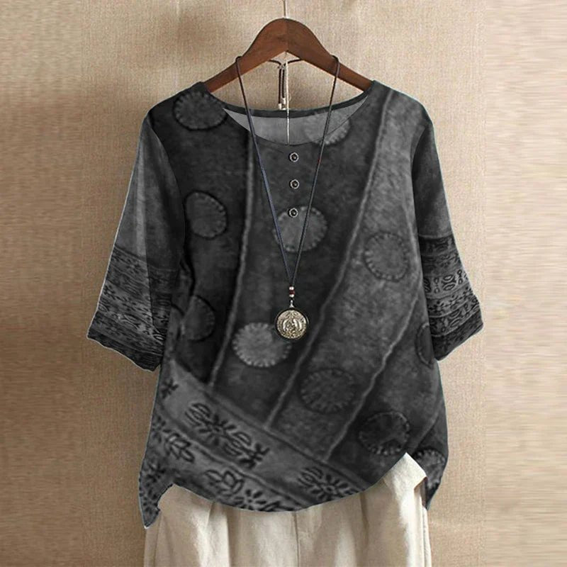 Vintage Floral Blouse Relaxed Fit Short Sleeve Top - Gray