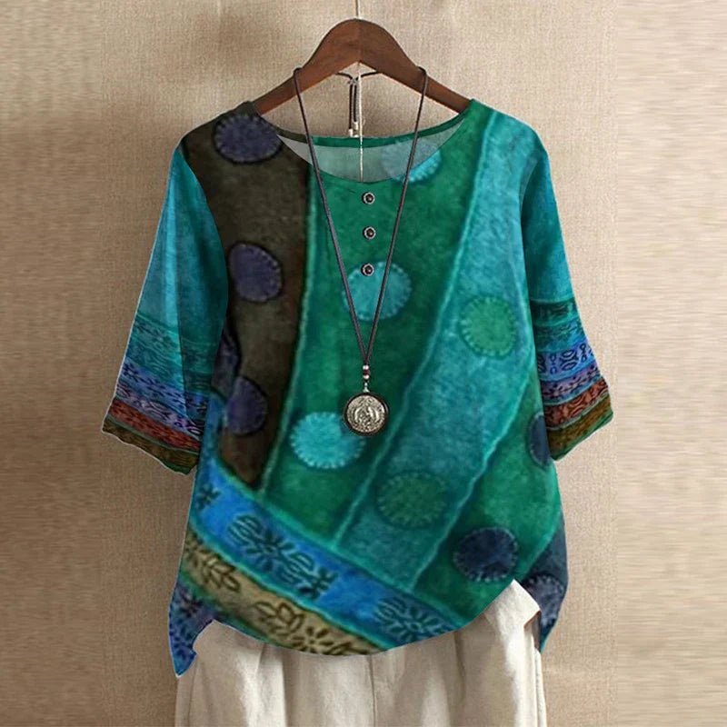 Vintage Floral Blouse Relaxed Fit Short Sleeve Top - Blue/Green