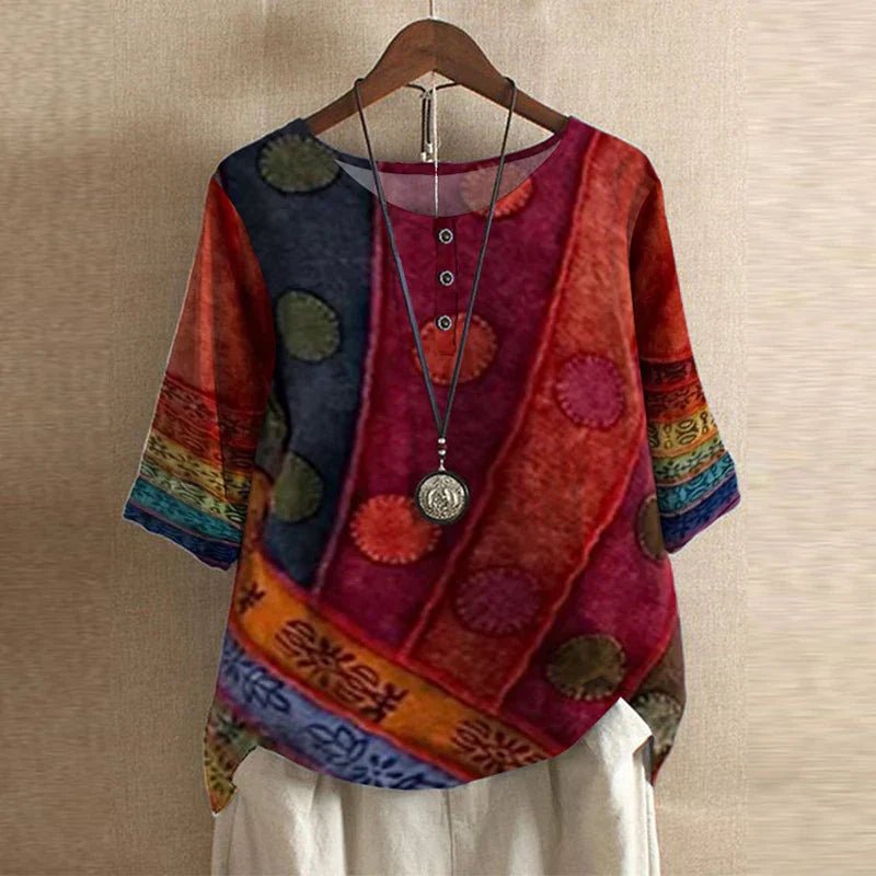 Vintage Floral Blouse Relaxed Fit Short Sleeve Top - Red