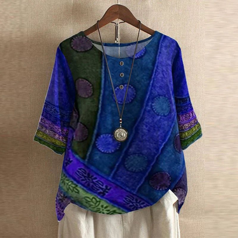 Vintage Floral Blouse Relaxed Fit Short Sleeve Top - Blue/Violet
