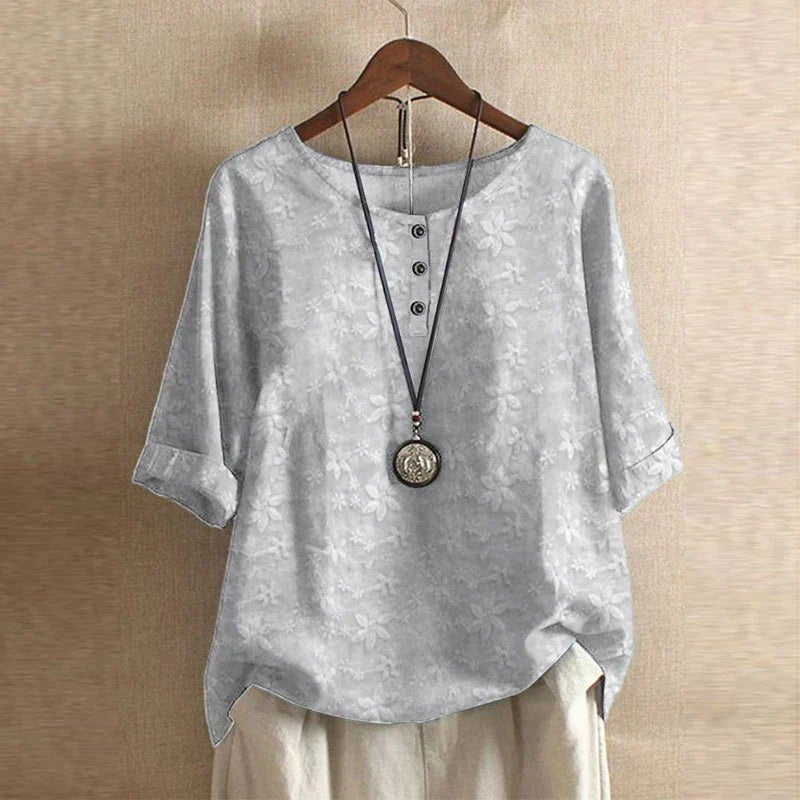 Vintage Floral Blouse Relaxed Fit Short Sleeve Top - Light Gray